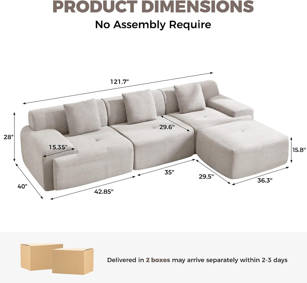122" Modern L-Shaped Modular Sectional Sofa, Corduroy Upholstery Couches for Living Room, Oversized 3-Seater Boneless Cloud Couch with Deep Seat and Movable Ottoman, No Assembly, Camel/Beige