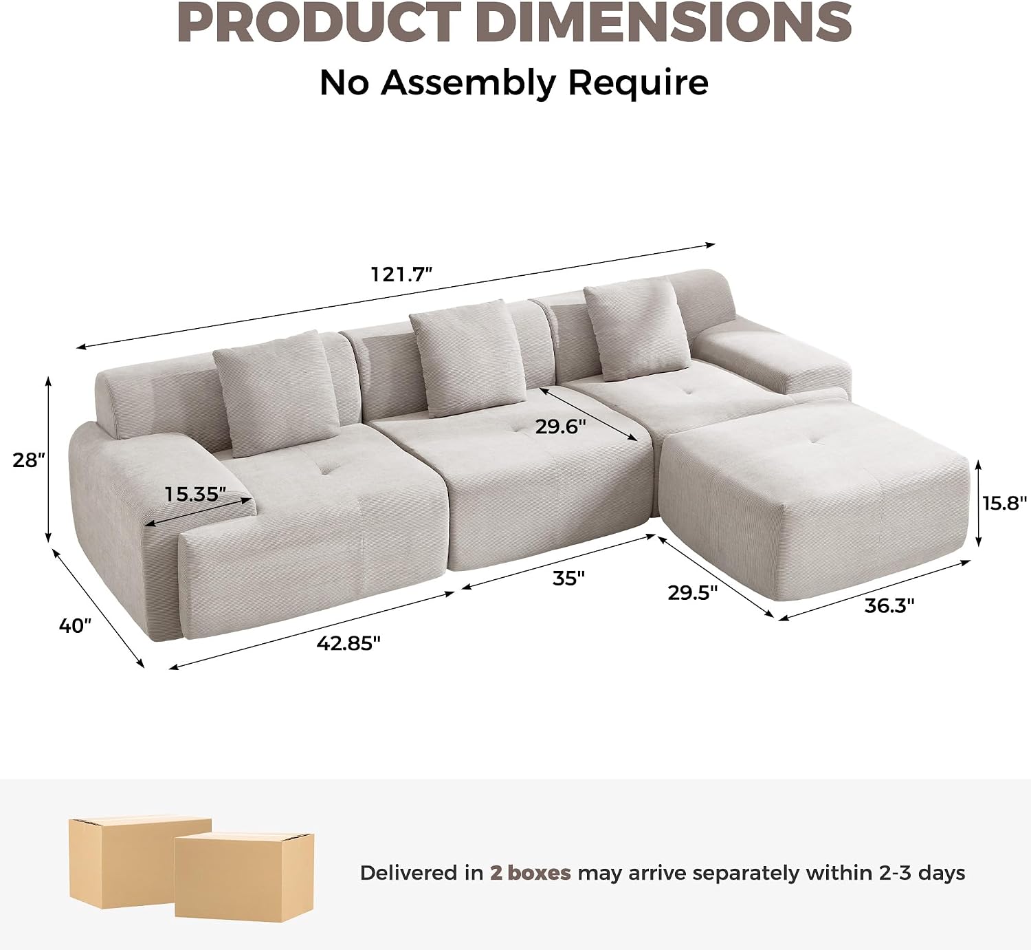 122" Modern L-Shaped Modular Sectional Sofa, Corduroy Upholstery Couches for Living Room, Oversized 3-Seater Boneless Cloud Couch with Deep Seat and Movable Ottoman, No Assembly, Camel/Beige