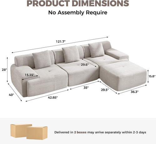 122" Modern L-Shaped Modular Sectional Sofa, Corduroy Upholstery Couches for Living Room, Oversized 3-Seater Boneless Cloud Couch with Deep Seat and Movable Ottoman, No Assembly, Camel/Beige