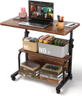 Portable Rolling Desk on Wheels Adjustable Height Desks for Small Spaces, 32" Computer Desk with Storage Shelves for Home Office Rustic