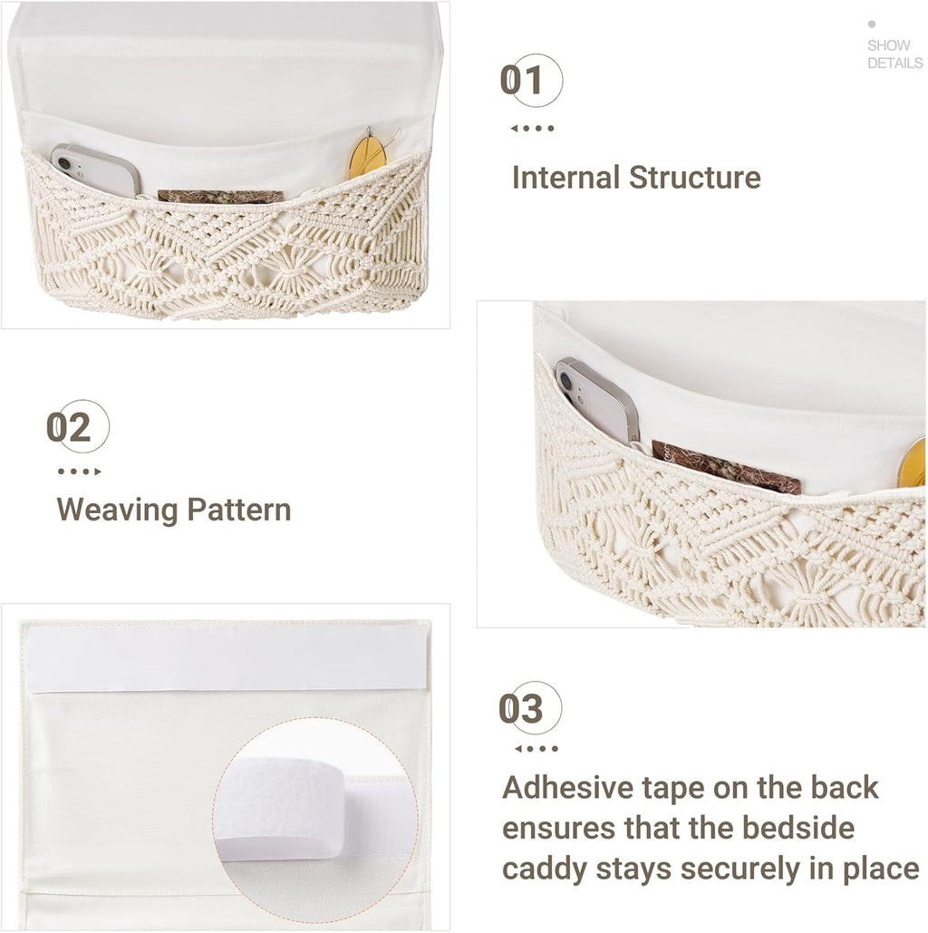 Mkono Macrame Bedside Caddy Storage Organizer Boho Remote Control Tablet Magazine Holder with 4 Pockets Non-slip Countertop Bedside Caddy for Home Bedroom Living Room College Dorm Bed, Ivory