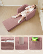 2-in-1 Kids Chair and Couch, Cozy Corduroy Kids Sofa, Pink | Fold-Out Kids Couch, Boys and Girls, Bedroom & Playroom, Reading and Playing, Lightweight, Removable Washable Cover