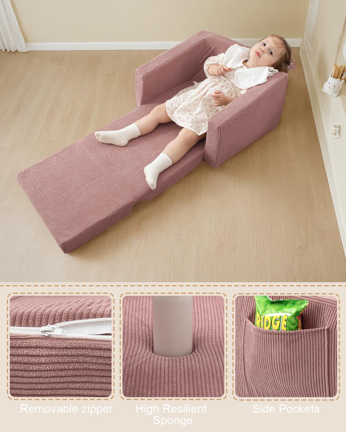 2-in-1 Kids Chair and Couch, Cozy Corduroy Kids Sofa, Pink | Fold-Out Kids Couch, Boys and Girls, Bedroom & Playroom, Reading and Playing, Lightweight, Removable Washable Cover