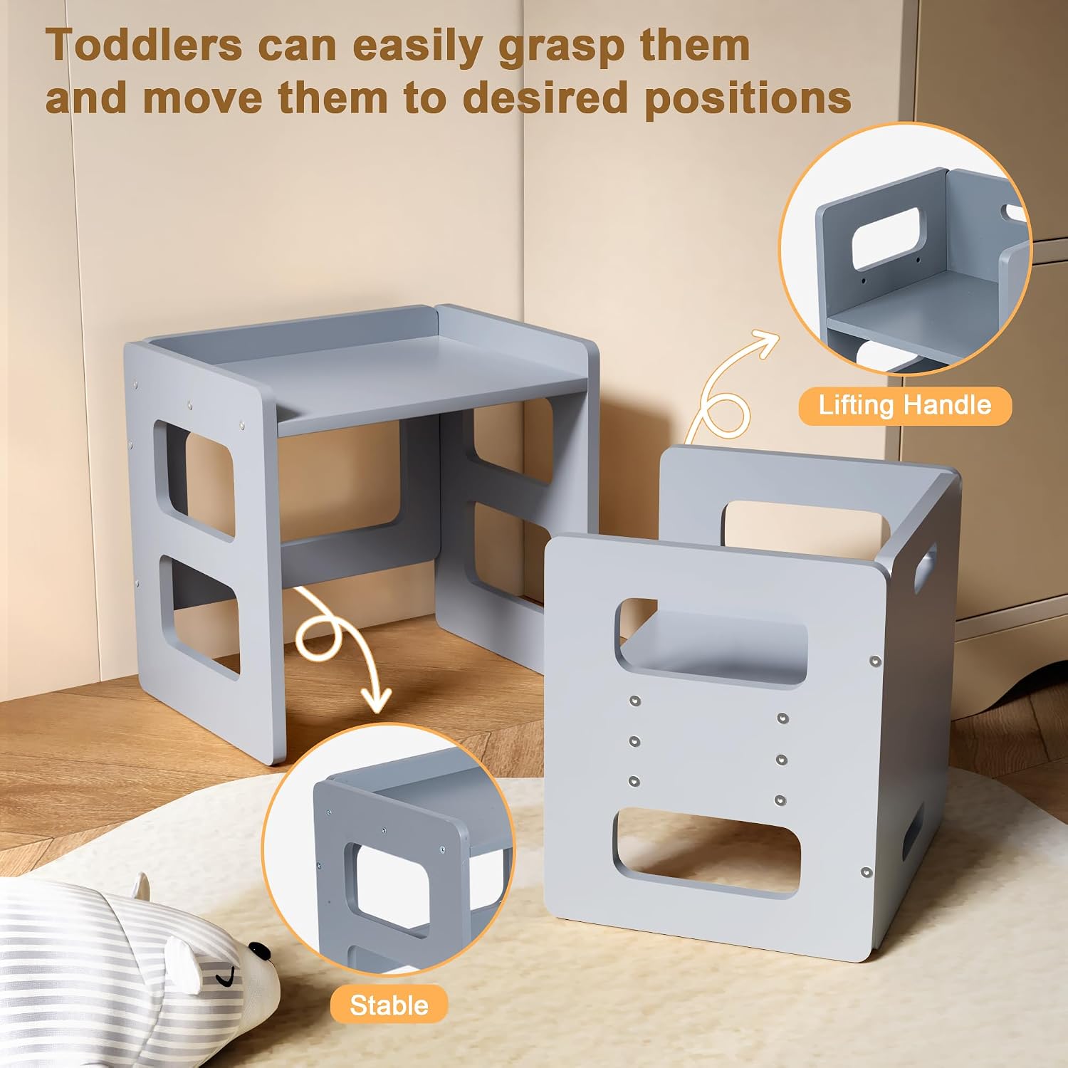 Fun Memories Montessori Weaning Table and Chair Set for Toddler and Baby, Kids Table and Chair Set- Solid Wood Toddler Furniture with Adjustable Height, Step Stool, for 1-3 Year Old Kids - Grey