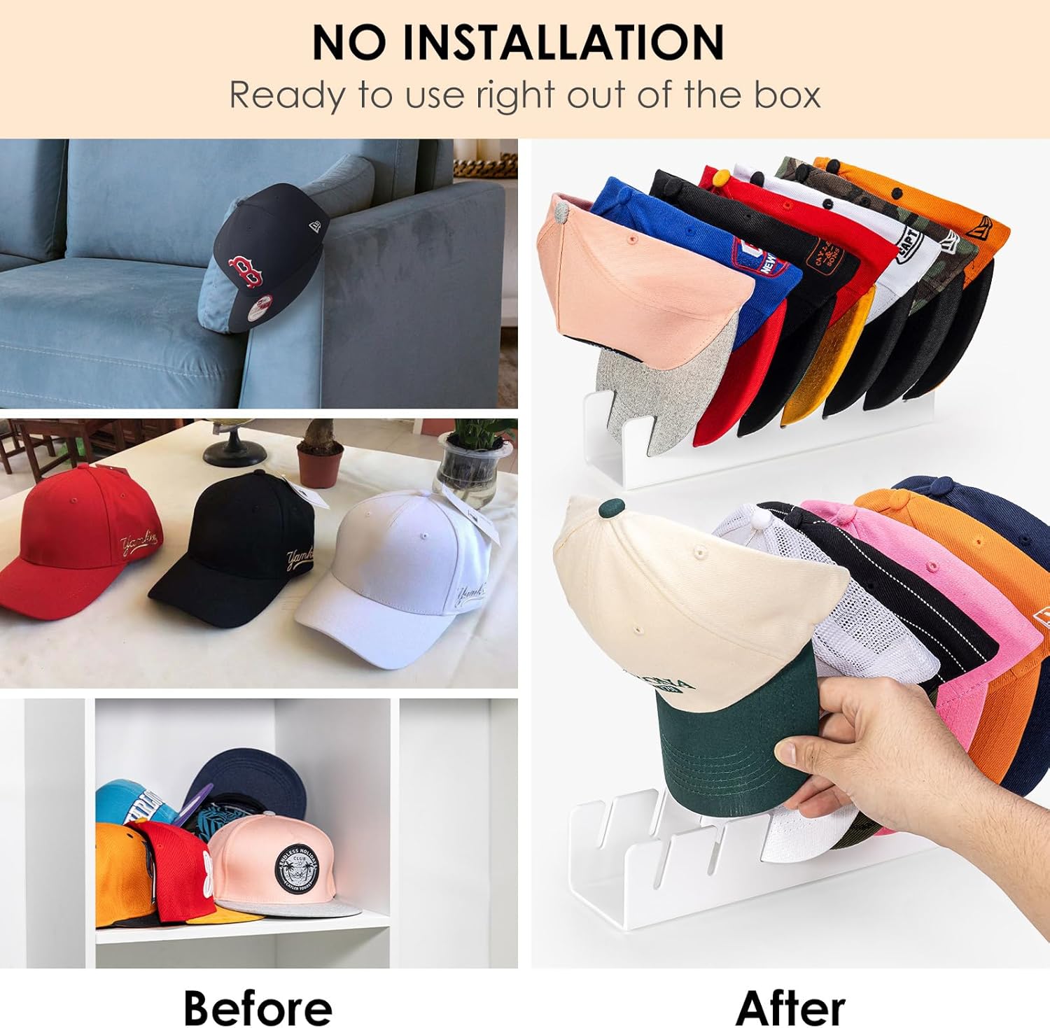 HAYVAN Hat Organizer for Baseball Caps 2024 New 2 PCS, No Install Acrylic Hat Holder for 14 Baseball Caps for Bedroom, Closet, Dresser (White)