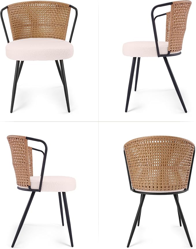 BedsPick Rattan Dining Chairs Set of 4 - Farmhouse Upholstered Cane Back Kitchen Chair with Boucle Cushion, Wingback Dining Room Seat with Metal Legs for Home, Kitchen (Brown)