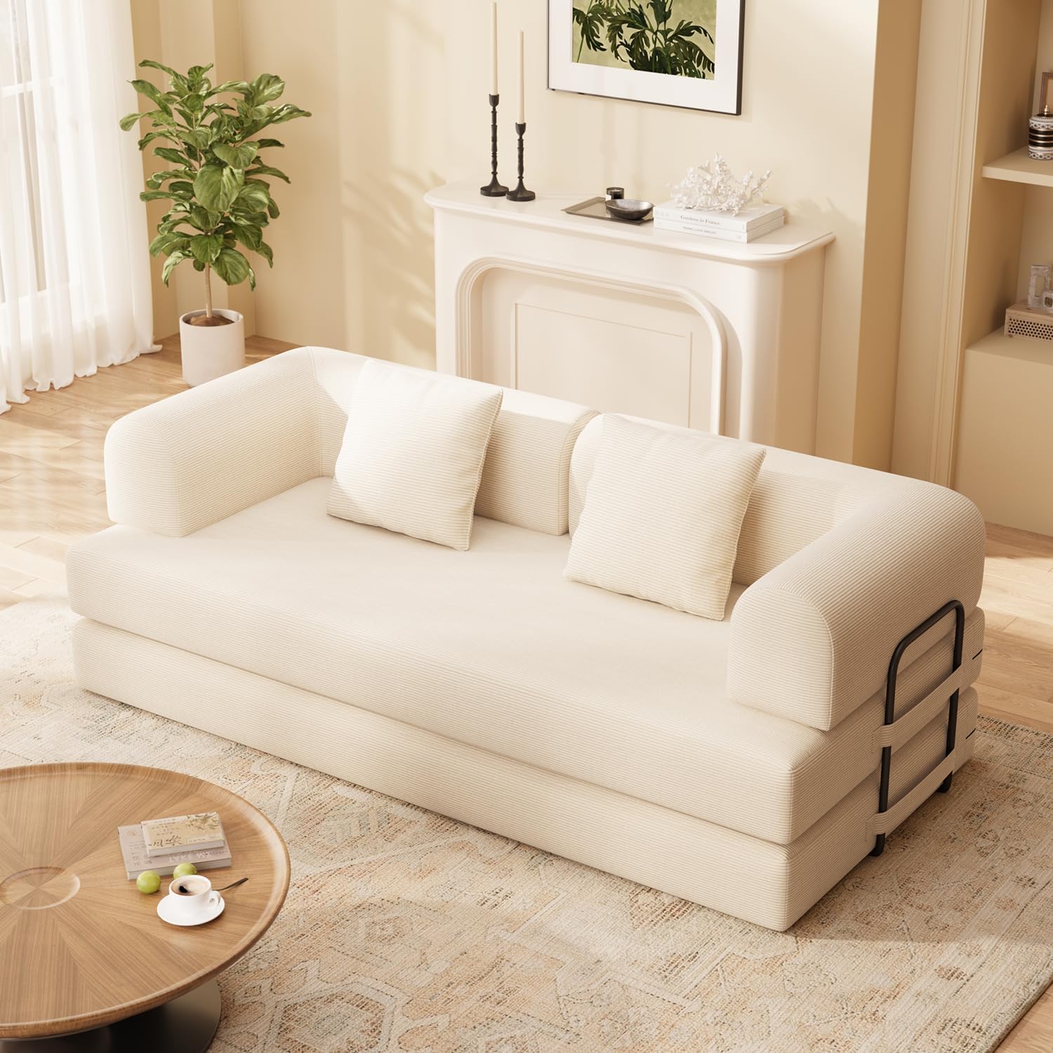 78.8" Convertible Sofa Bed, 5-in-1 Boneless Couch, No Assembly,Cream | Corduroy Boneless Loveseat Sleeper Sofa,Boneless Chair for Living Room,Futon Sleeper Couch with Removable Armrests & Pillows