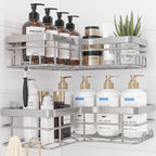 Corner Shower Caddy - 2 Pack, Adhesive Shower Organizers, Rustproof Stainless Steel Shower Shelves with 8 Hooks, No Drilling Bathroom Organizers and Storage Racks, Space-Saving, Silver, X-Large