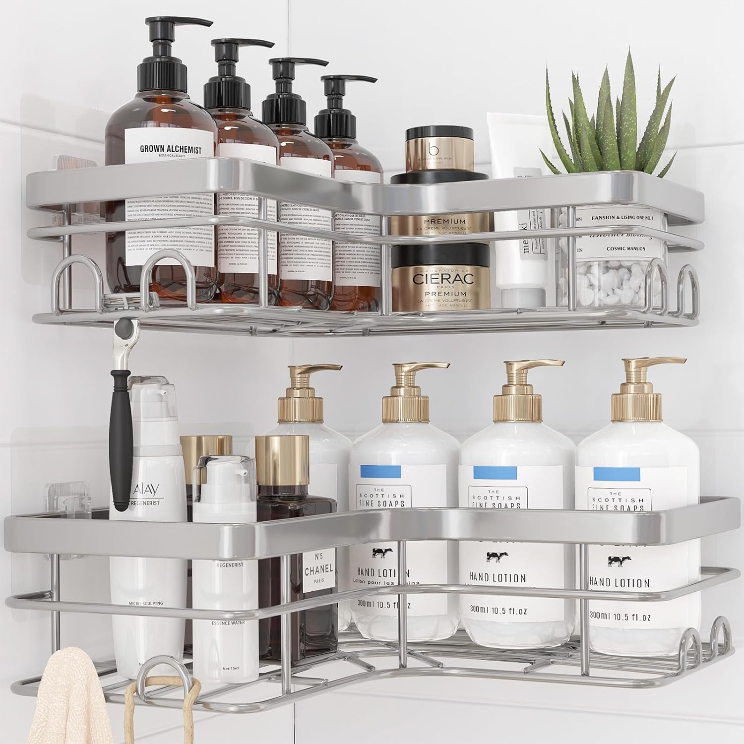 Corner Shower Caddy - 2 Pack, Adhesive Shower Organizers, Rustproof Stainless Steel Shower Shelves with 8 Hooks, No Drilling Bathroom Organizers and Storage Racks, Space-Saving, Silver, X-Large