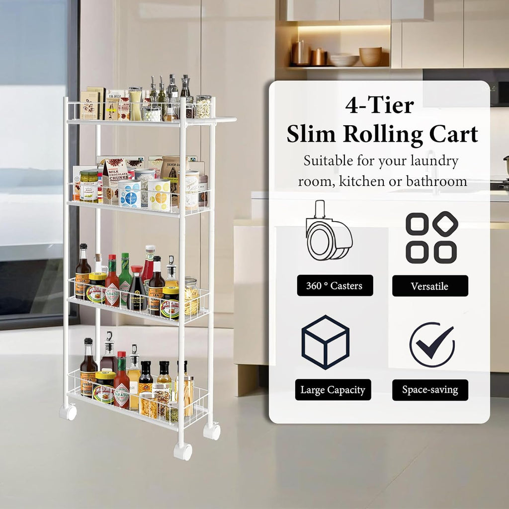 Utility Slim Storage Cart, 4-Tier Storage Cart, Narrow Cart with Handle, 7.1 Inches Deep, Metal Frame, for Kitchen, Dining Room, Living Room, Home Office, Rustic Brown and Classic (4 Tier White)