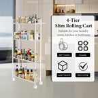 Utility Slim Storage Cart, 4-Tier Storage Cart, Narrow Cart with Handle, 7.1 Inches Deep, Metal Frame, for Kitchen, Dining Room, Living Room, Home Office, Rustic Brown and Classic (4 Tier White)