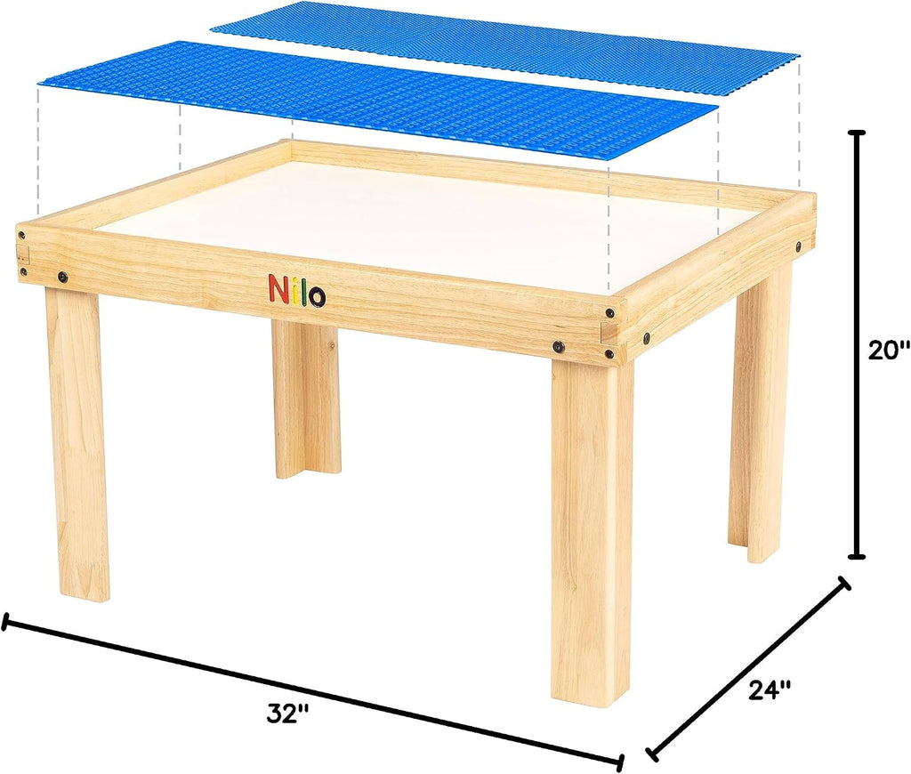 NILO Kids Activity Table Set with 2 Compatible with/Replacement for Detachable Double-Sided Baseplates/Boards/Mats Lego Duplo (N34 Play Table Without Holes, 24x32x20 and 2X Blue Base Plates 12x32)