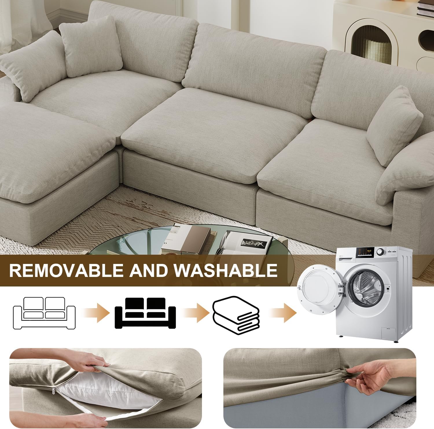 143" Cloud Modular Sectional Sofa,Light Beige Down Filled Sofa 4 Seat with Chaise,Minimalist Sofa Cover Washable and Replaceable Couches for Living Room,Sectional Sofa Deep Seat