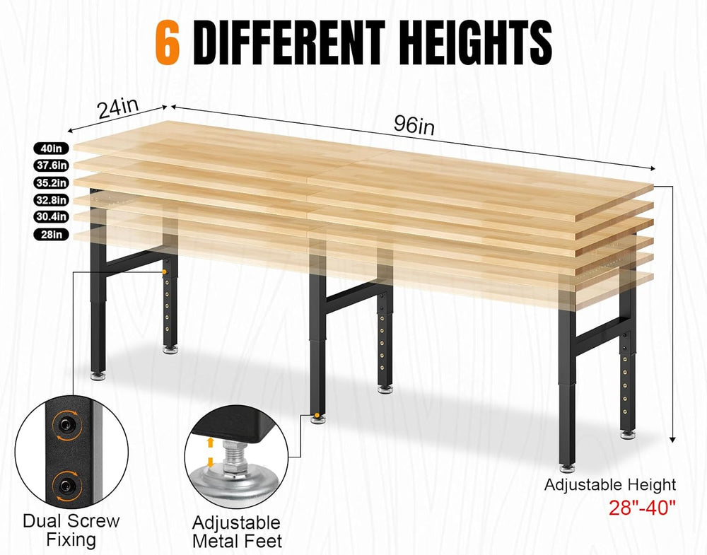 96”Adjustable Work Bench, 5000 LBS Capacity Heavy Duty Workbench with Power O...