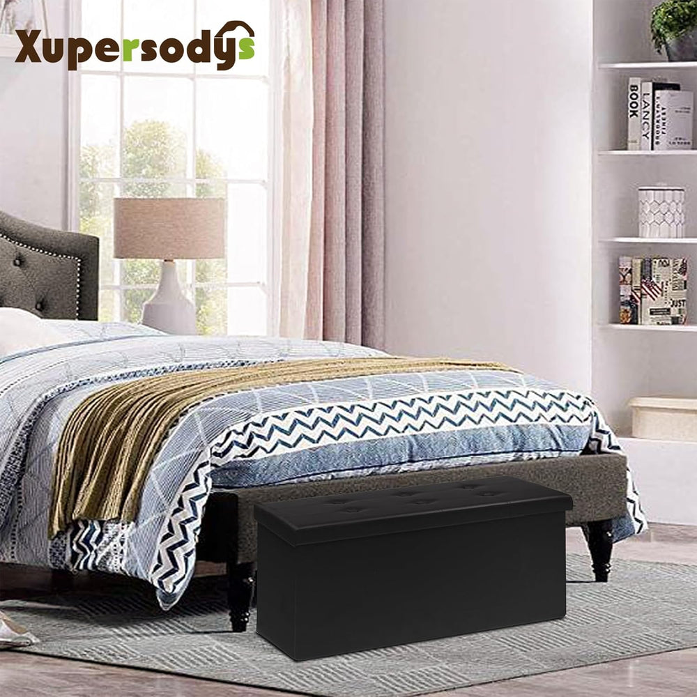 30 Inches Folding Storage Ottoman Bench, Faux Leather Footstool Ottoman, Stor...