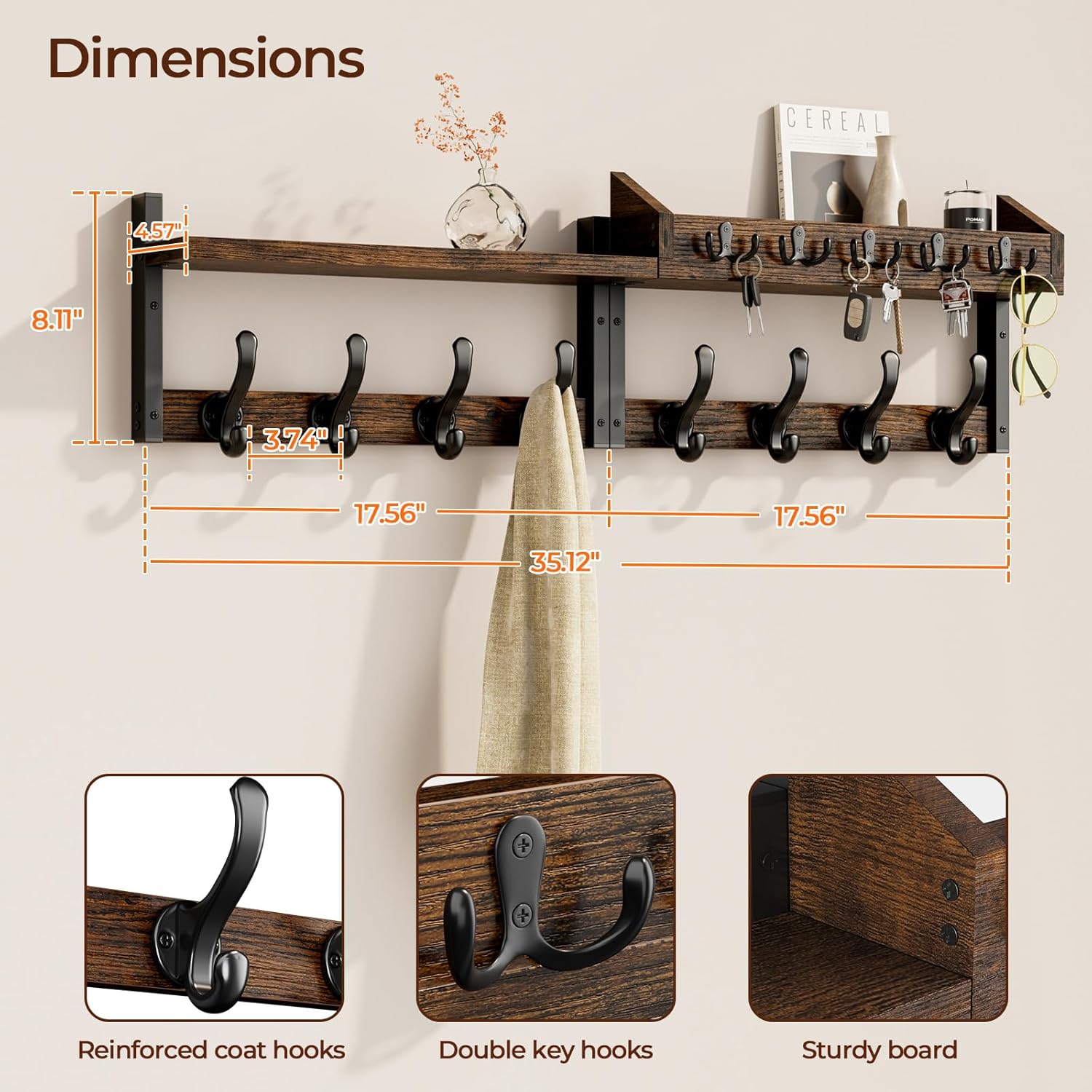 Evermagin 35" Coat Rack Wall Mount with Shelf, 4 in 1 Coat and Key Hanger with 13 Metal Hooks, Entryway Wall Mounted Shelf with Mail Holder for Living Room, Bedroom, Rustic Brown
