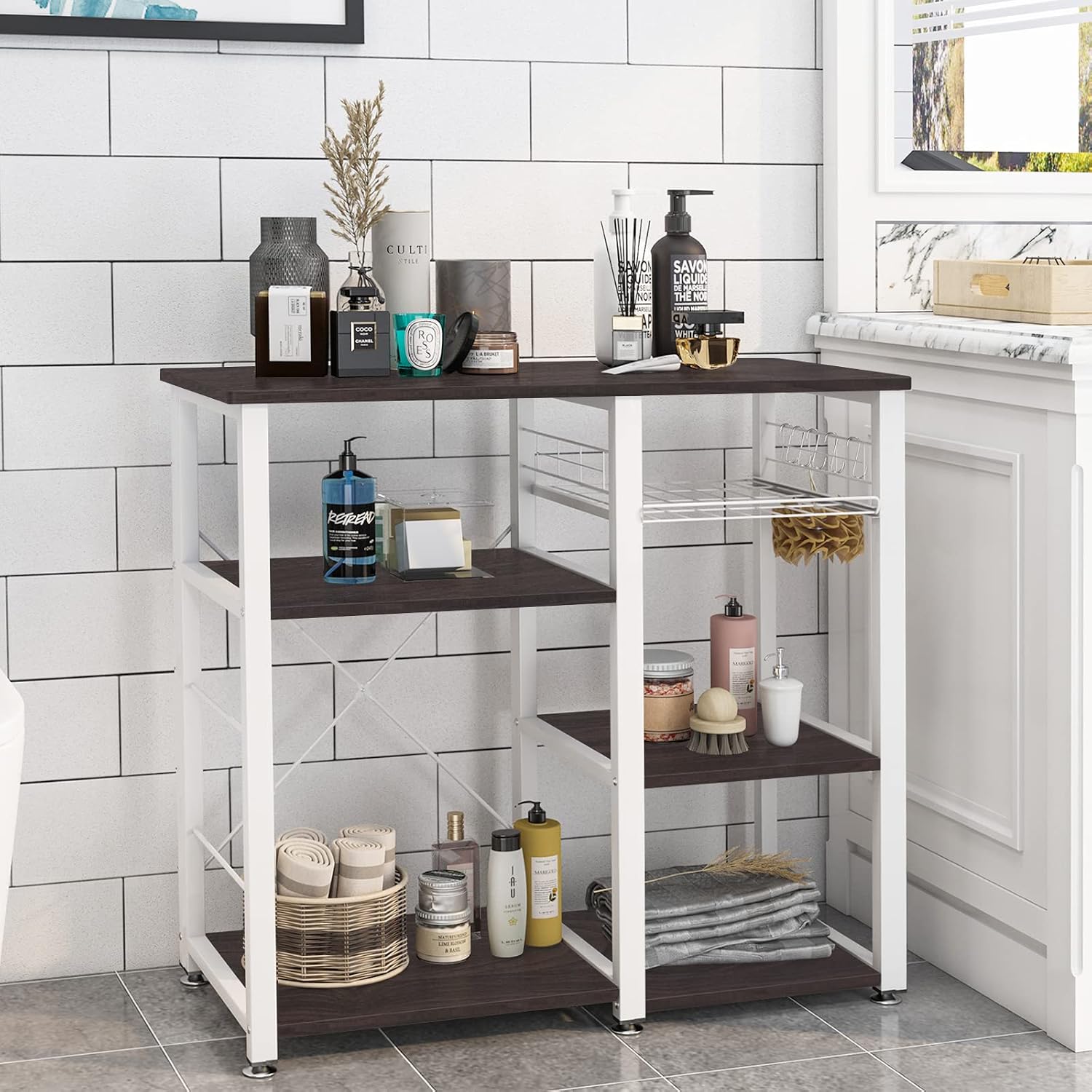 Kitchen Baker's Rack 3-Tier Microwave Oven Stand Kitchen Utility Storage Shelf with Hooks Multifunctional Workstation for Kitchen, Living Room and Corridor（Black