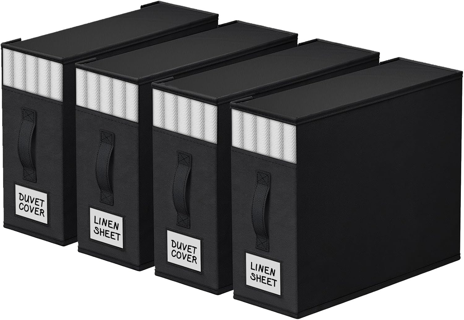 4 Pack Bed Sheet Closet Organizers and Storage,Sturdy Foldable Storage Containers with Window and Label,Storage and Organization for Bedding Sheets,Duvet Covers,Blankets (Black)