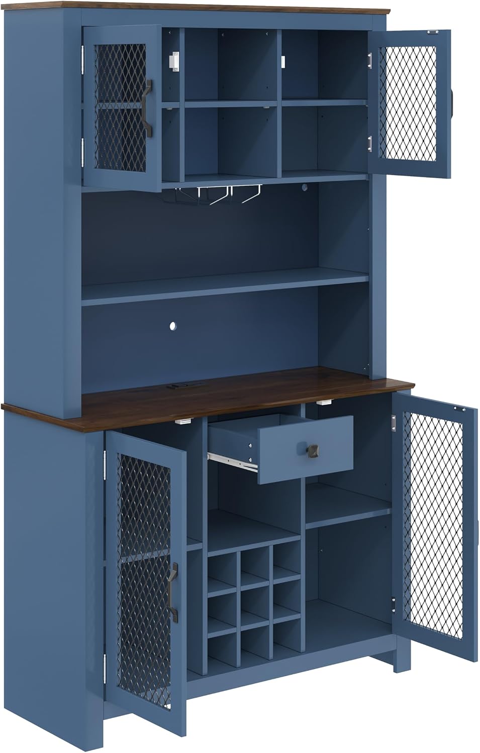 70.9” Farmhouse Kitchen Pantry Cabinet with LED Light & Power Outlets, Ru...