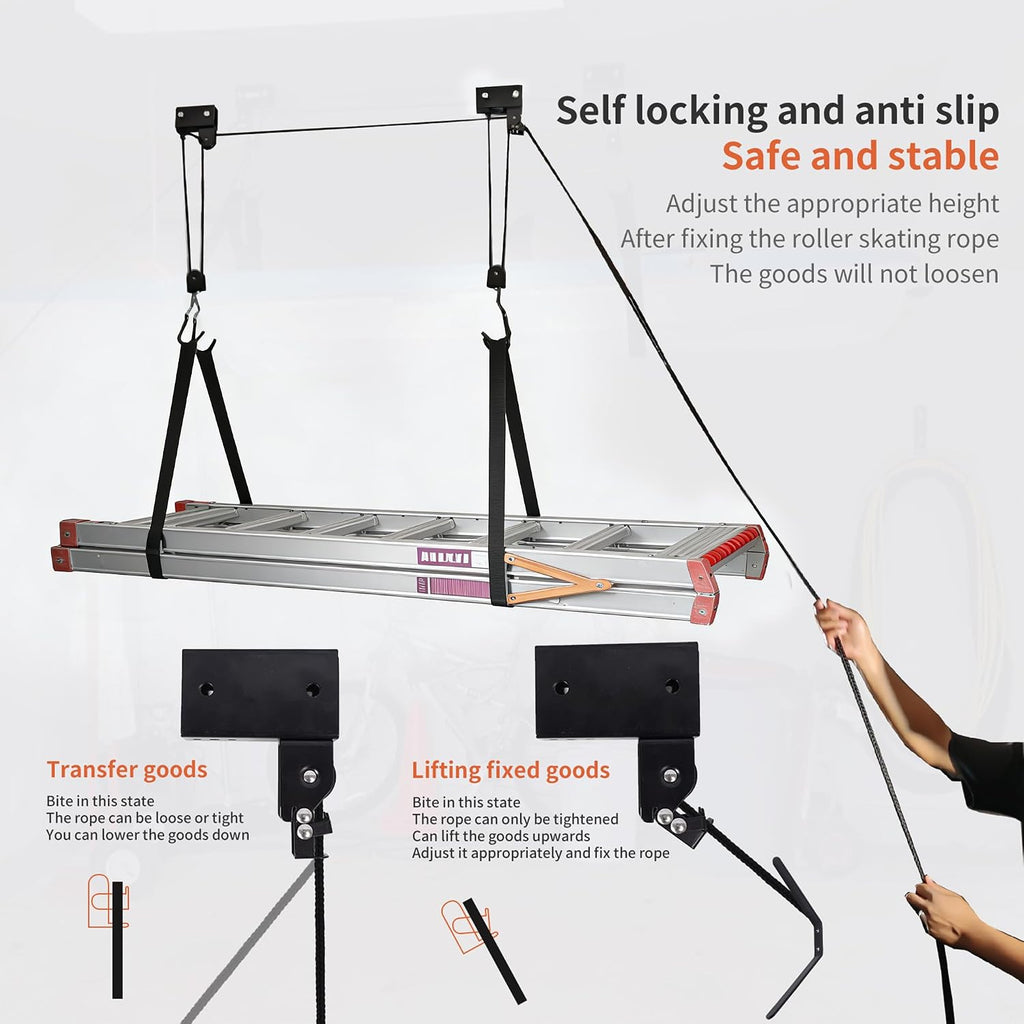 SYDSZ Ladder Storage Ceiling Hoist – Garage Pulley Lift System for Ladder Carrier Fits Garage or Shed with 125lb