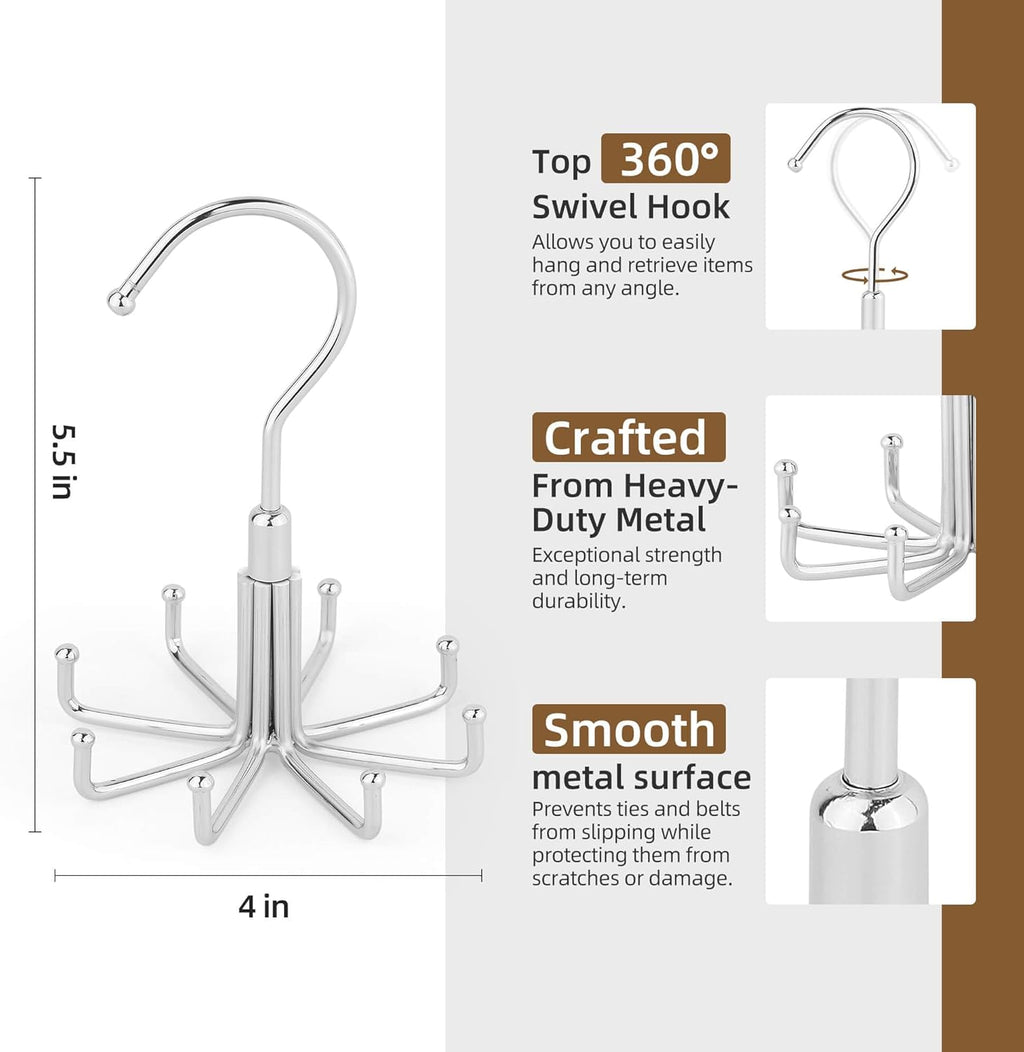 ZEDODIER Tie Hanger for Closet, Rotatable Tie Organizer for Men with 8 Hooks, Heavy Duty Space Saving Tie Rack for Ties and Belts, Silver