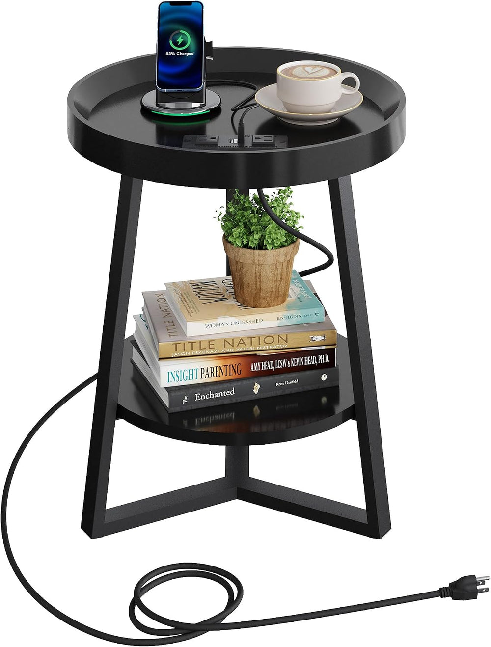 WLIVE Small Round Side Table with Charging Station, Round Coffee Table, 2 Tie...
