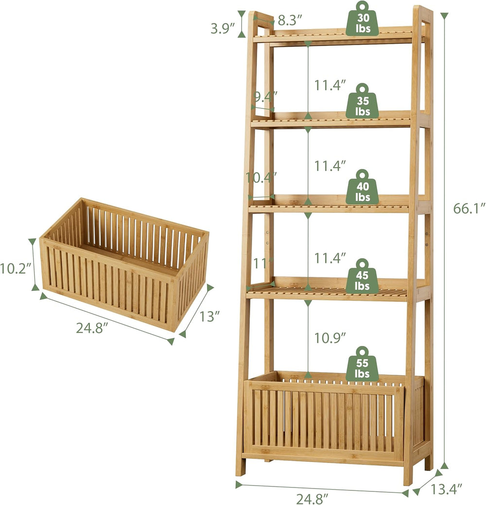 Bamjoy Bamboo Ladder Shelf, Bookshelf with 4 Display Shelves and 1 Open Stora...
