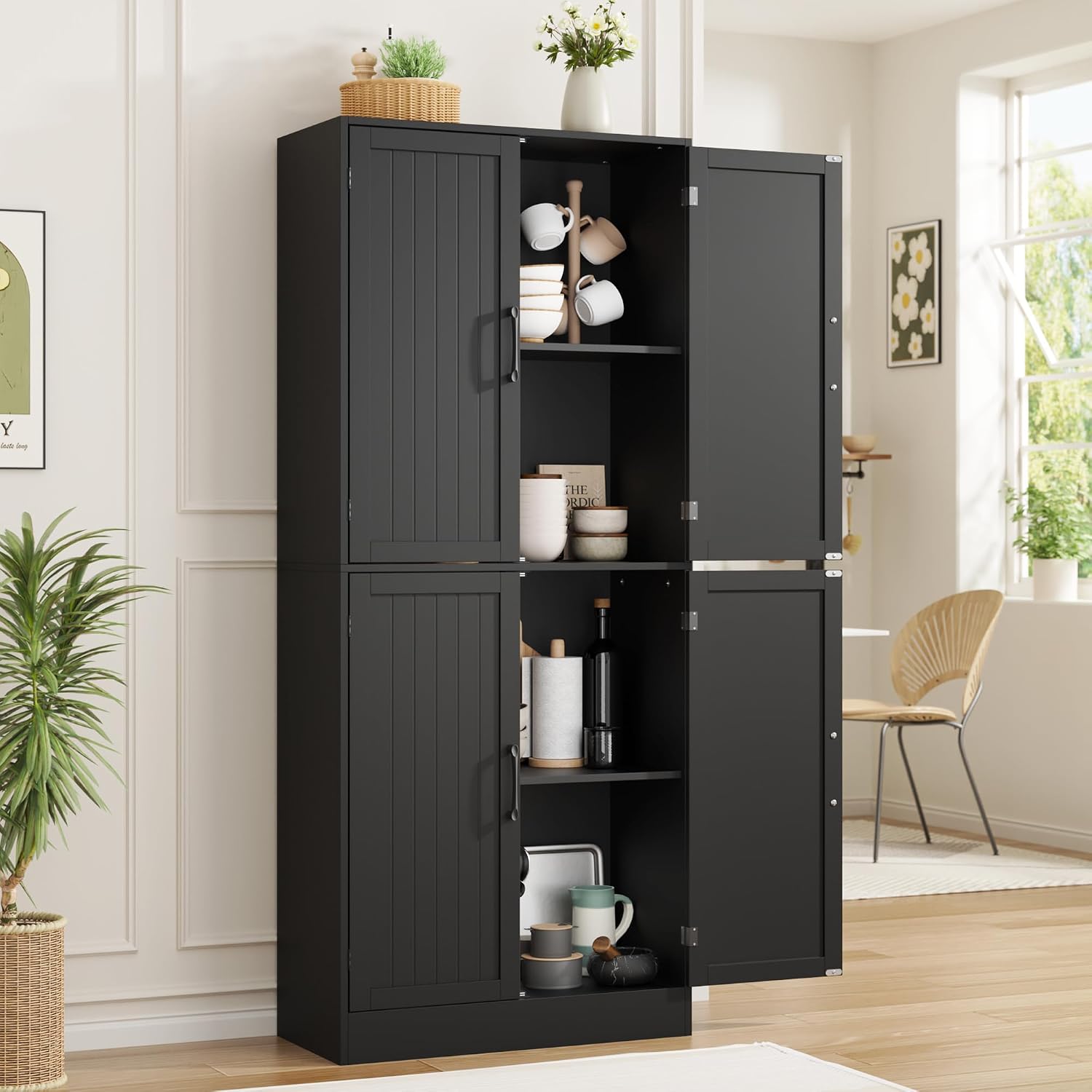 MHOM 71" Farmhouse Pantry Cabinet, Tall Storage Cabinet with 4 Doors and Adjustable Shelves, Freestanding Pantry for Dining Room, Kitchen, and Living Room, Black