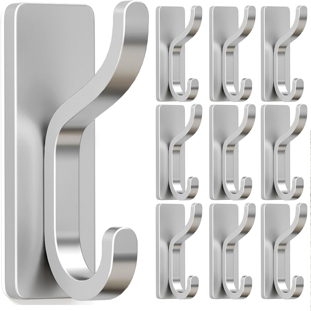 pickpiff 10-Pack Adhesive Wall Hooks for Towel: Modern Silver Hooks Hold 13 LB, Sticky Door Hanger Hanging Coats, Bags, Backpack, Purses - Bathroom,Kitchen, Dorm, RV, Shower - Stainless, Metal