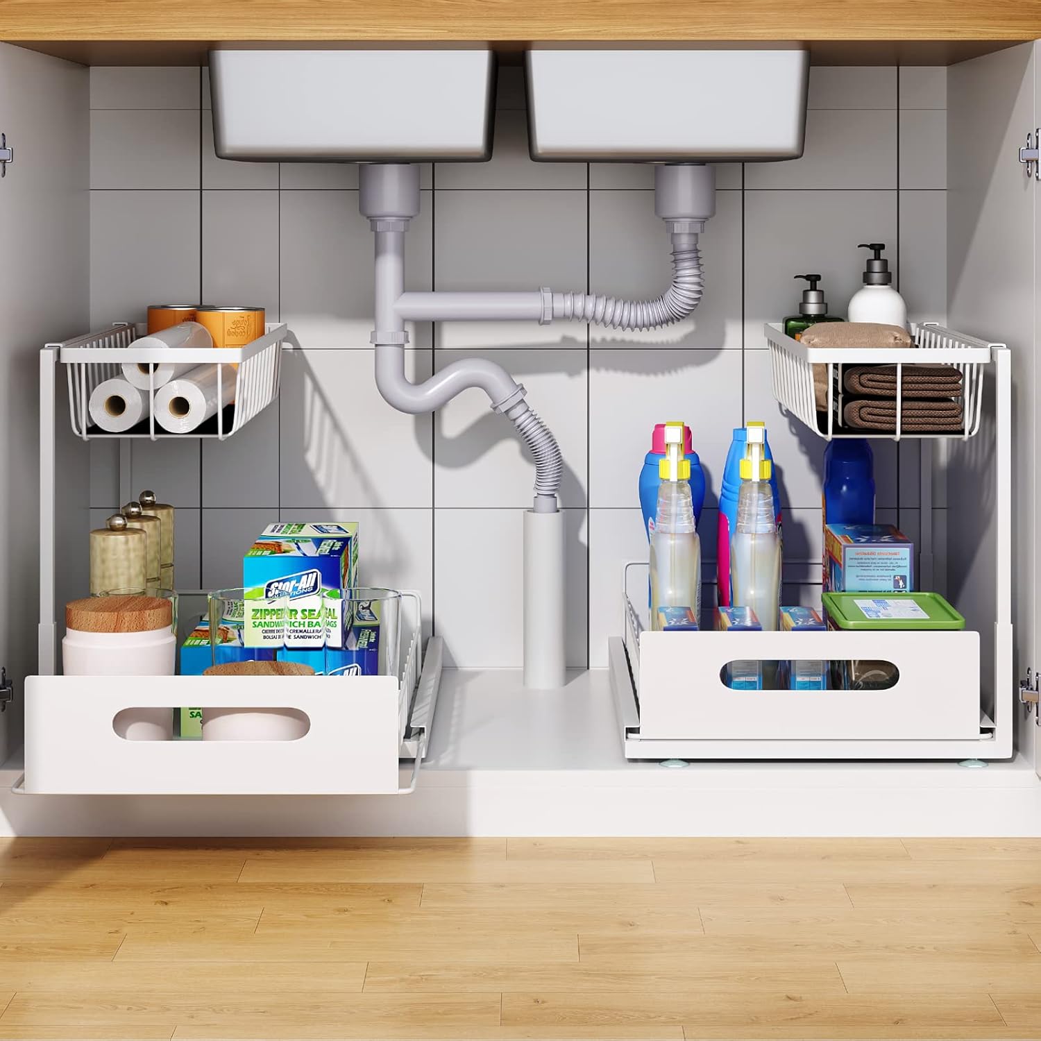 2 Pack Under Sink Organizer, 2 Tier Under Sink Organizers and Storage Multi-Purpose Under Sink Storage for Bathroom Kitchen (White)