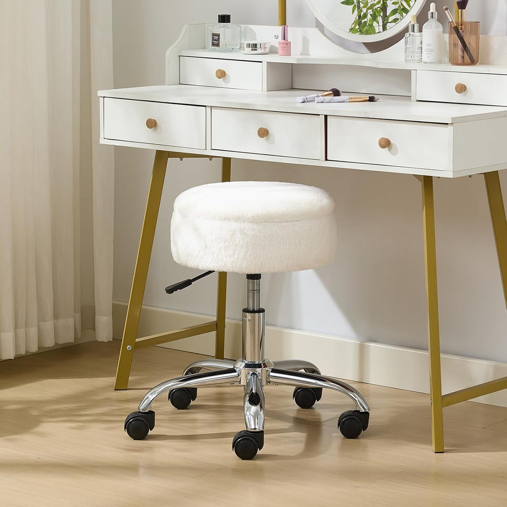 Gitrah Vanity Chair with Wheels Adjustable Vanity Stool with Storage Swivel Vanity Stool for Vanity Rolling Makeup Stool Chair Faux Fur Off White