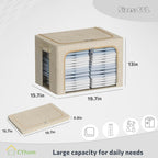 CYhom Clothes Storage Bins Box - Linen Fabric Foldable Stackable Container Organizer Set with Clear Window & Carry Handles & Metal Frame - 2Pack Large Capacity for Bedding, Blankets, Books