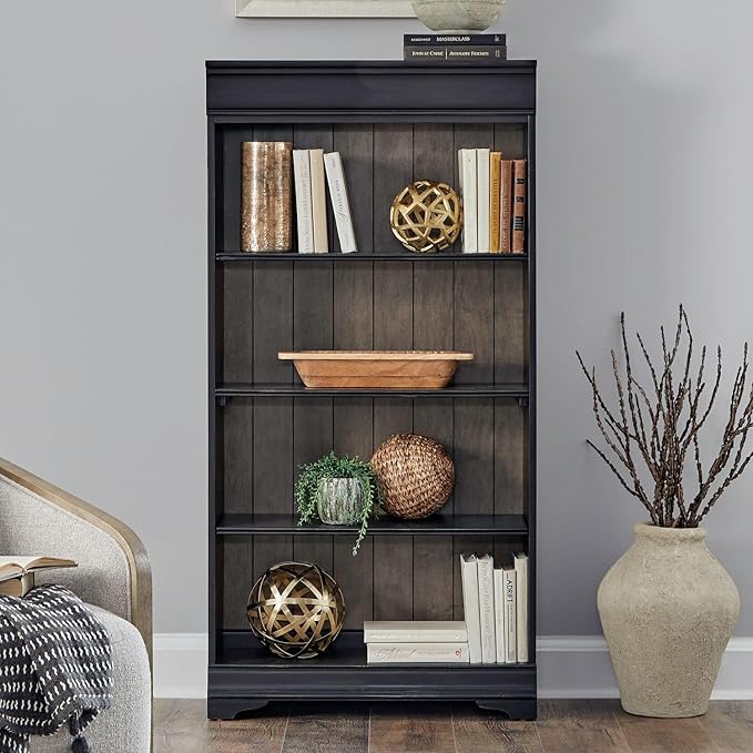 Liberty Furniture Meritage 60 Inch Bookcase for Home Office - Aged Charcoal w/Rub Thru & Caramel