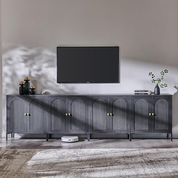Modern TV Stands for 85 Inch TVs, 123.5‬"W Wood Entertainment Center w/Adjustable Shelves, Mid Century Modern TV Stand w/Arched Fluted Doors, Media Console Cabinet for Living Room, Dark Grey
