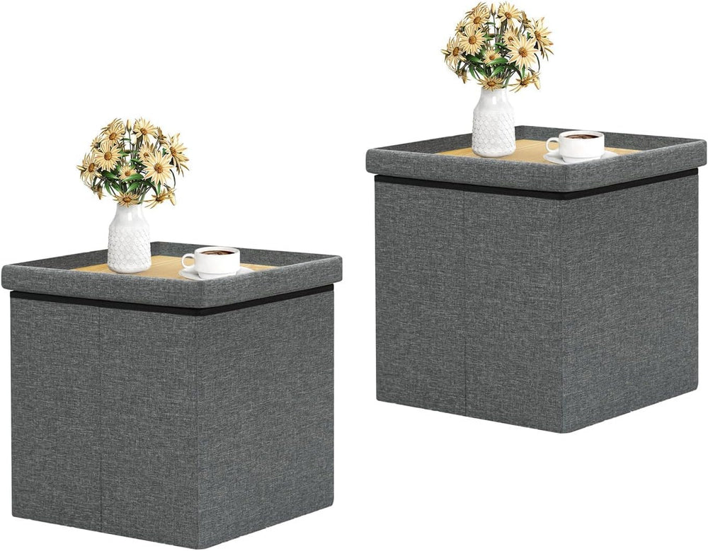 B FSOBEIIALEO Storage Ottoman with Tray, Linen Small Coffee Table Folding Foo...