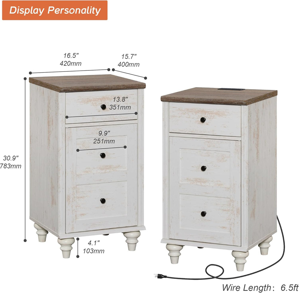 WAMPAT Set of 2 End Table with Charging Station, Wood Nightstands with Drawer...