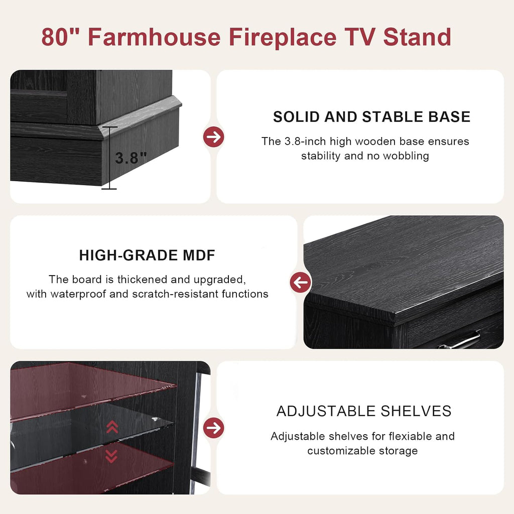 oneinmil 80" Fireplace TV Stand with 3-Sided Glass Fireplace, Modern Wood Entertainment Center with LED Lights and Glass Door, 36" Fire Place TV Stands for Living Room, Black