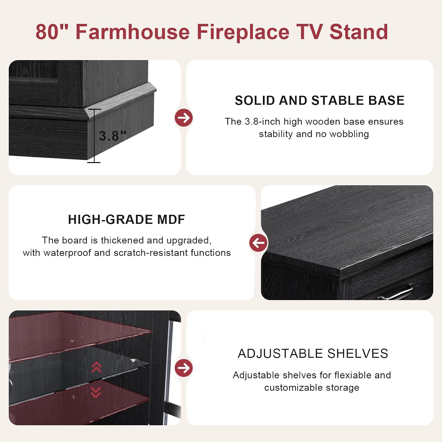 oneinmil 80" Fireplace TV Stand with 3-Sided Glass Fireplace, Modern Wood Entertainment Center with LED Lights and Glass Door, 36" Fire Place TV Stands for Living Room, Black