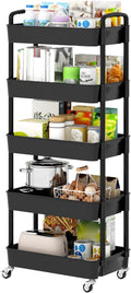 Sywhitta 5-Tier Plastic Rolling Utility Cart with Handle, Multi-Functional Storage Trolley for Office, Living Room, Kitchen, Movable Storage Organizer with Wheels, Black