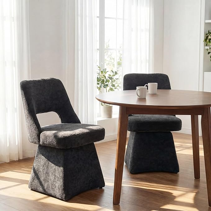 VKNOW Upholstered Swivel Dining Chairs Set of 4, Modern Dining Room Chairs with Open Back, Chenille Fabric Kitchen Chairs for Dining Room, Living Room, Bedroom, Vanity, Black