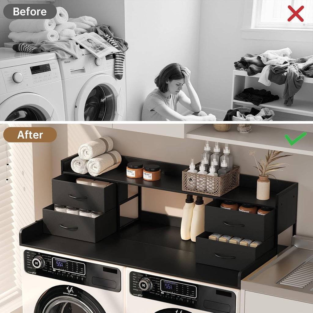 4 Drawers Washer Dryer Countertop with Shelf, 27.5" D x 54" W Laundry Topper with 3.54" High Guardrails and Non-Slip Pads,Extra Storage Organizer for Over Washer and Dryer, Holds 66 Lbs, Black