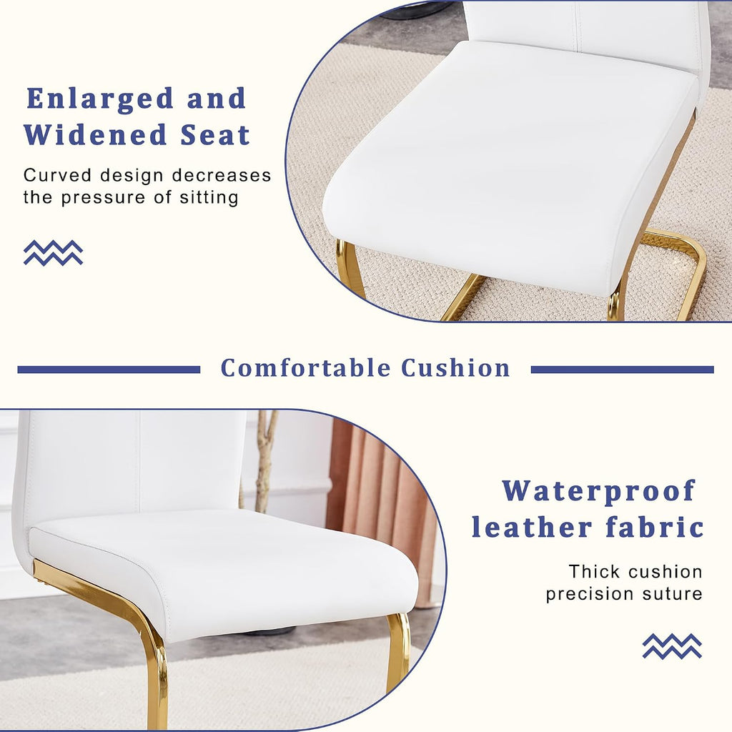 Marble Dining Table Set for 8,Modern 71''White Gold Dining Room Table with Chrome Plated XShaped Frame and White Leather Dining Chairs,Easy Assembley,Kitchen Table and Chairs for Dining Room