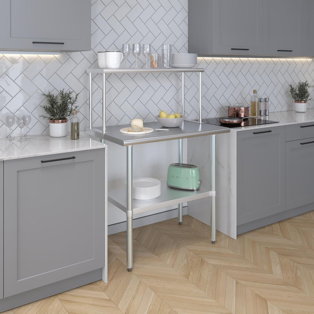 Stainless Steel Work Table with Wide Single Tier Overshelf | Metal Kitchen Prep Table & Shelving Combo (24" x 36" Work Table + 12" Overshelf)