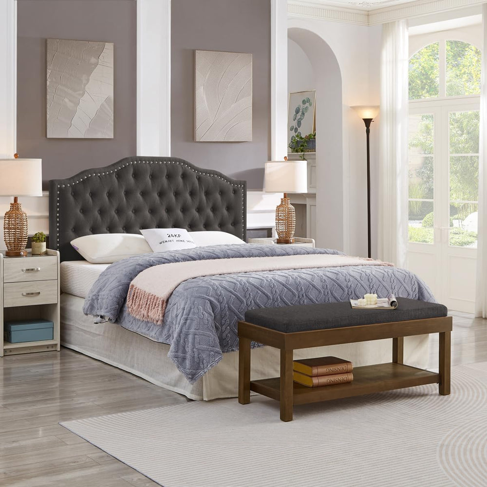24KF Upholstered Button Tufted Queen Headboard with Nailhead Trim, Elegant Bo...