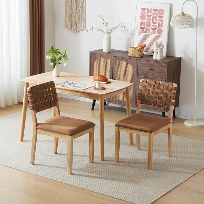 VINGLI Brown Woven Wooden Dining Chairs Set of 4,Armless Mid Century Modern Desk Chairs with Rivet&Foot Pegs,Upholstered Farmhouse Comfy Chair No Wheels for Dining Room,Living Room,Kitchen,Oak,Suede