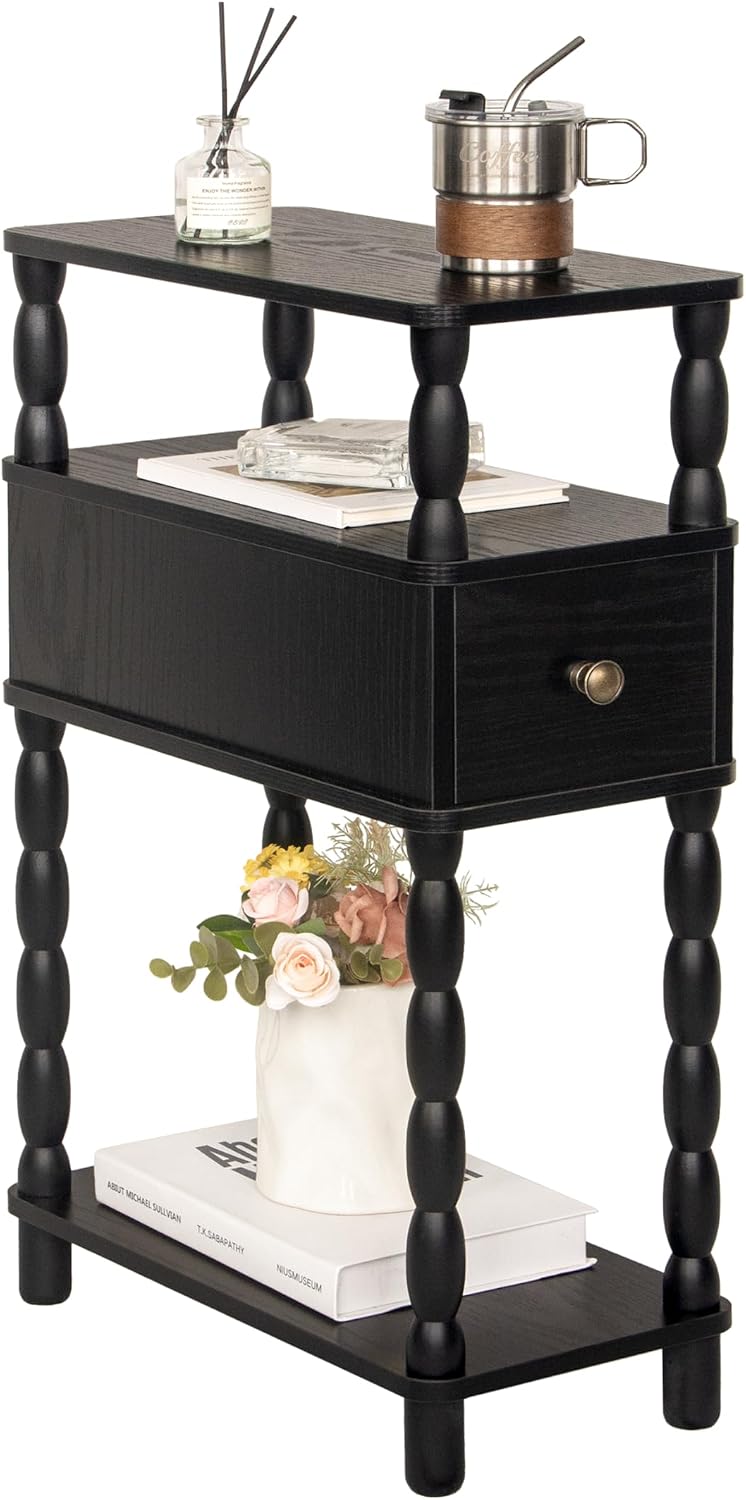 MaxSmeo Black Narrow Side Table, Narrow End Table with Storage, Skinny Small ...