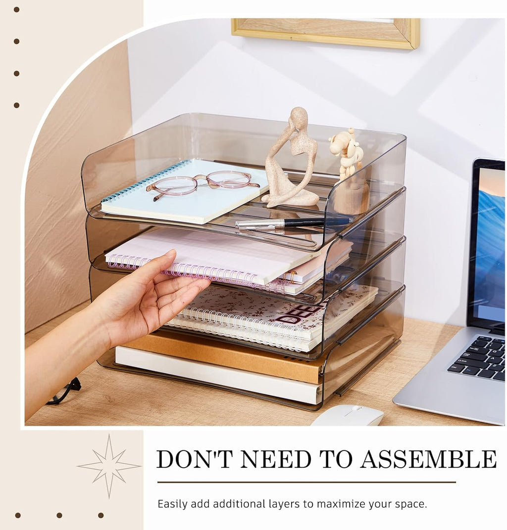 Harloon 4 Tier Acrylic Paper Tray 13 x 9.8 x 3 Inches Stackable Letter Clear Organizer No Need to Assemble Acrylic Paper Organizer File Tray for Office Workspace Desktop Storage (Transparent Gray)