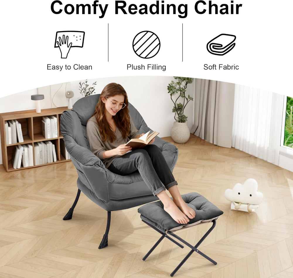 SAETSFEG Lazy Chair with Ottoman, Modern Accent Lounge Chair with Side Pocket...