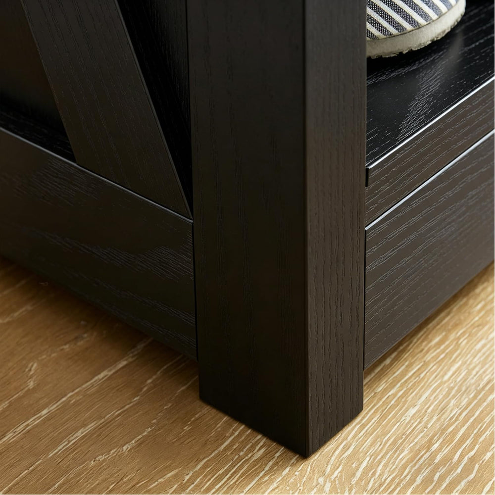 Farmhouse Storage Bench with 2-Tier Open Shelf, Shoe Bench with Cushion for E...