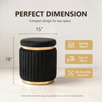 Round Vanity Stool Ottoman, Black | Velvet Upholstered, Small Foot Stool with Gold Trim, Stainless Steel Base, For Bedroom, Living Room, Entryway